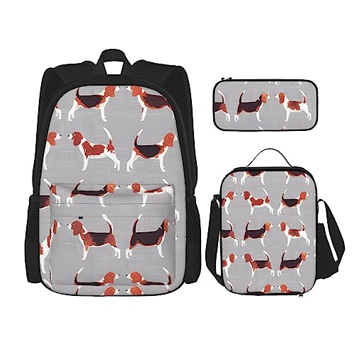 Beagle Muster Rucksack 3-teilig Schulranzen mit Brotdose und Federmäppchen Set =>> Geeignet für Jungen und Mädchen, Schwarz , Einheitsgröße, Kinderrucksack von PartyUnix