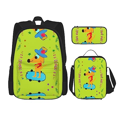 Cartoon Dog Doing Sports Prints Rucksack 3-teilig Schultasche mit Lunchbox und Federmäppchen Set - Geeignet für Jungen und Mädchen, Schwarz , Einheitsgröße, Kinderrucksack von PartyUnix