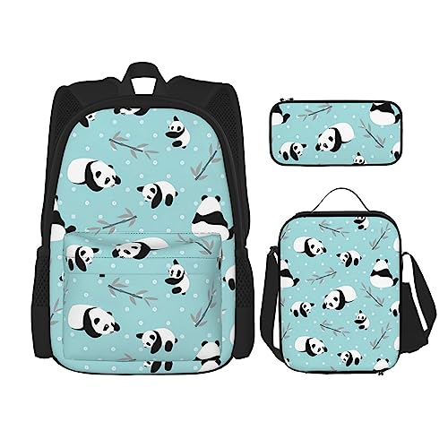 Cartoon Panda Bear Prints Rucksack 3-teilig Schultasche mit Lunchbox und Federmäppchen Set - Geeignet für Jungen und Mädchen, Schwarz , Einheitsgröße, Kinderrucksack von PartyUnix
