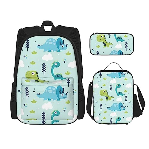 Dinosaurier Muster Rucksack 3-teilig Schulranzen mit Brotdose und Federmäppchen Set =>> Geeignet für Jungen und Mädchen, Schwarz , Einheitsgröße, Kinderrucksack von PartyUnix