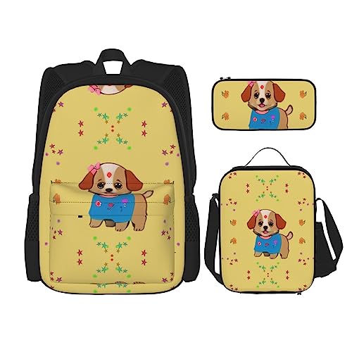 Entzückender Cartoon Hund Rucksack 3-teilig Schultasche mit Lunchbox und Federmäppchen Set =>> Geeignet für Jungen und Mädchen, Schwarz , Einheitsgröße, Kinderrucksack von PartyUnix