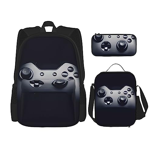 Gaming Controller Muster Drucke Rucksack 3-teilig Schulranzen mit Lunchbox und Federmäppchen Set - Geeignet für Jungen und Mädchen, Schwarz , Einheitsgröße, Kinderrucksack von PartyUnix