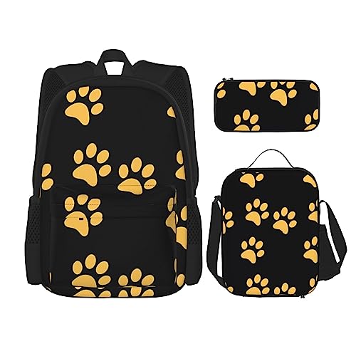 Gold Puppy Paw Prints Rucksack 3-teiliges Schulranzen mit Lunchbox und Federmäppchen Set - Geeignet für Jungen und Mädchen, Schwarz , Einheitsgröße, Kinderrucksack von PartyUnix