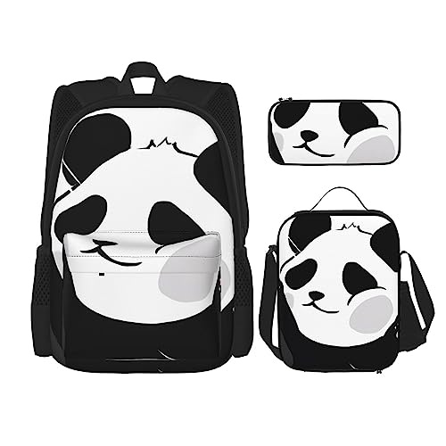Lustiger Panda Prints Rucksack 3-teilig Schulranzen mit Brotdose und Federmäppchen Set - Geeignet für Jungen und Mädchen, Schwarz , Einheitsgröße, Kinderrucksack von PartyUnix