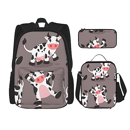 Niedlicher Cartoon Kuh Rucksack 3-teilig Schultasche mit Lunchbox und Federmäppchen Set =>> Geeignet für Jungen und Mädchen, Schwarz , Einheitsgröße, Kinderrucksack von PartyUnix