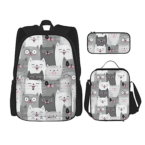 Niedlicher lustiger Rucksack mit grauem Katzenmuster, 3-teilig, Schulranzen mit Brotdose und Federmäppchen, geeignet für Jungen und Mädchen, Schwarz , Einheitsgröße, Kinderrucksack von PartyUnix