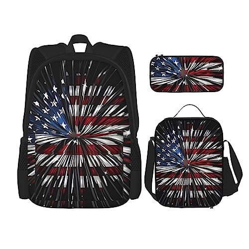 PartyUnix Amerikanische Flagge Feuerwerk Rucksack 3-teilig Schulranzen mit Brotdose und Federmäppchen Set =>> Geeignet für Jungen und Mädchen, Schwarz , Einheitsgröße, Kinderrucksack von PartyUnix