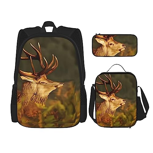 PartyUnix Animal Deer Rucksack 3-teilig Schulranzen mit Brotdose und Federmäppchen Set =>> Geeignet für Jungen und Mädchen, Schwarz , Einheitsgröße, Kinderrucksack von PartyUnix