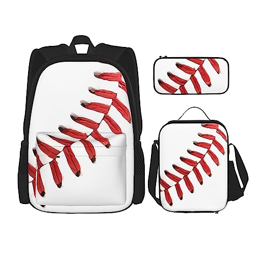 PartyUnix Baseball Lace Close Up Prints Rucksack 3-teilig Schultasche mit Lunchbox und Federmäppchen Set - Geeignet für Jungen und Mädchen, Schwarz , Einheitsgröße, Kinderrucksack von PartyUnix