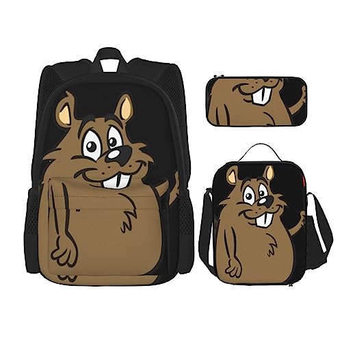 PartyUnix Beaver Prints Rucksack 3-teilig Schulranzen mit Lunchbox und Federmäppchen Set - Geeignet für Jungen und Mädchen, Schwarz , Einheitsgröße, Kinderrucksack von PartyUnix