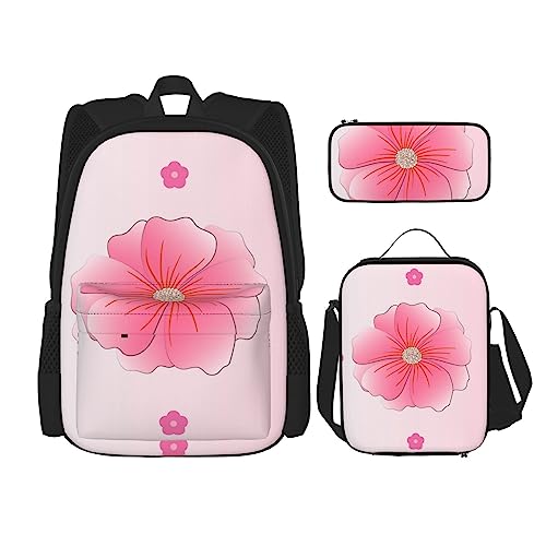 PartyUnix Blooming Carnations Prints Rucksack 3-teilig Schulranzen mit Lunchbox und Federmäppchen Set - Geeignet für Jungen und Mädchen, Schwarz , Einheitsgröße, Kinderrucksack von PartyUnix