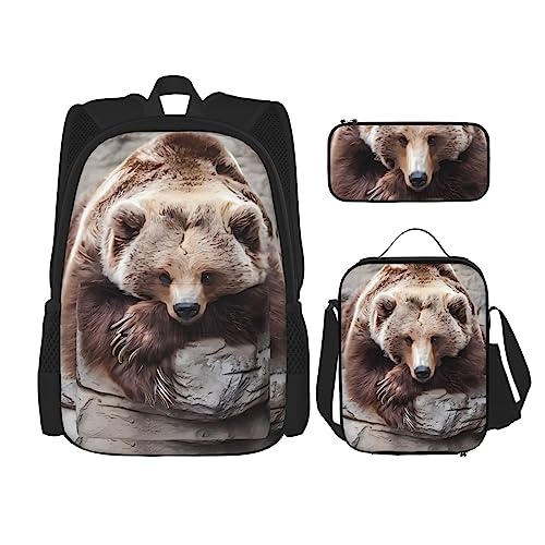 PartyUnix Brown Bears Rucksack 3-teilig Schulranzen mit Brotdose und Federmappe Set =>> geeignet für Jungen und Mädchen, Schwarz , Einheitsgröße, Kinderrucksack von PartyUnix