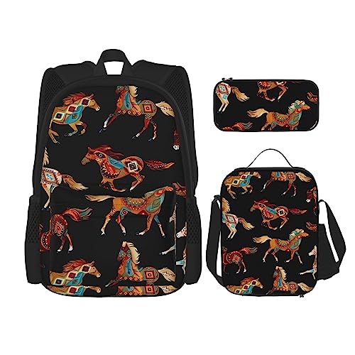 PartyUnix Brown Horse Rucksack 3-teilig Schulranzen mit Brotdose und Federmappe Set =>> passend für Jungen und Mädchen, Schwarz , Einheitsgröße, Kinderrucksack von PartyUnix