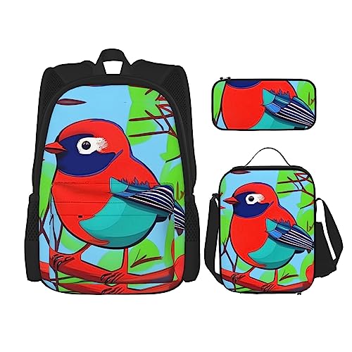 PartyUnix Bunte Vögel Rucksack 3-teilige Schultasche mit Lunchbox und Federmäppchen Set =>> Geeignet für Jungen und Mädchen, Schwarz , Einheitsgröße, Kinderrucksack von PartyUnix