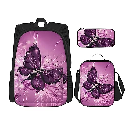 PartyUnix Butterfly Rucksack 3-teilig Schulranzen mit Brotdose und Federmäppchen Set =>> geeignet für Jungen und Mädchen, Schwarz , Einheitsgröße, Kinderrucksack von PartyUnix