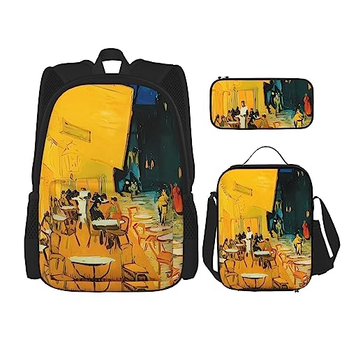 PartyUnix Cafe Terrace at Night Rucksack 3-teilig Schulranzen mit Brotdose und Federmäppchen Set =>> geeignet für Jungen und Mädchen, Schwarz , Einheitsgröße, Kinderrucksack von PartyUnix