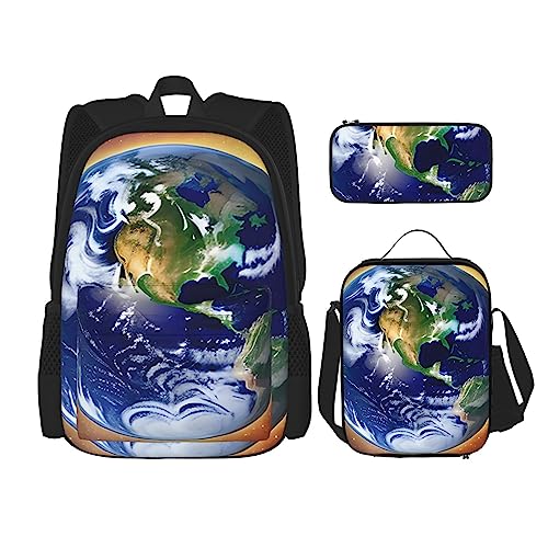 PartyUnix Cosmic Earth Rucksack 3-teilig Schulranzen mit Brotdose und Federmäppchen Set =>> Geeignet für Jungen und Mädchen, Schwarz , Einheitsgröße, Kinderrucksack von PartyUnix