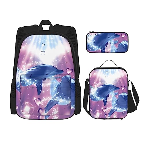 PartyUnix Dolphins in Love Prints Rucksack 3-teilig Schulranzen mit Brotdose und Federmäppchen Set - Geeignet für Jungen und Mädchen, Schwarz , Einheitsgröße, Kinderrucksack von PartyUnix