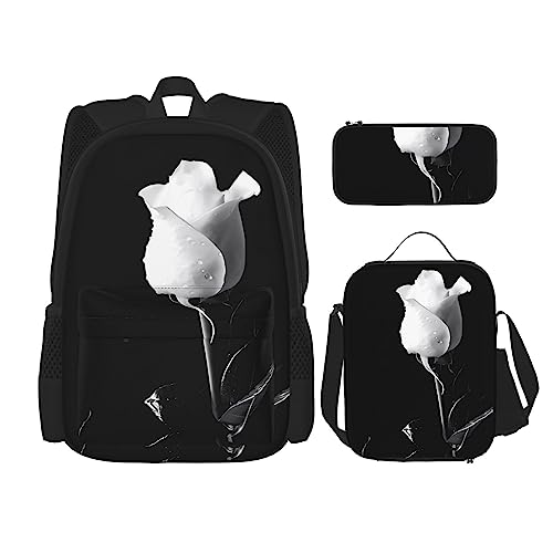 PartyUnix Einfarbig Rose Prints Rucksack 3-teilig Schulranzen mit Brotdose und Federmäppchen Set - Geeignet für Jungen und Mädchen, Schwarz , Einheitsgröße, Kinderrucksack von PartyUnix