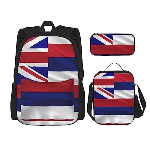 PartyUnix Flagge von Hawaii Amerikanischer Rucksack 3-teilig Schulranzen mit Brotdose und Federmäppchen Set =>> Geeignet für Jungen und Mädchen, Schwarz , Einheitsgröße, Kinderrucksack von PartyUnix