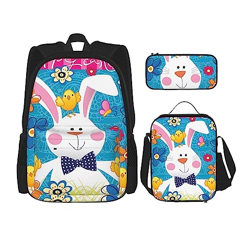 PartyUnix Frühling Frohe Ostern Urlaub Rucksack 3-teilig Schulranzen mit Brotdose und Federmäppchen Set =>> Geeignet für Jungen und Mädchen, Schwarz , Einheitsgröße, Kinderrucksack von PartyUnix