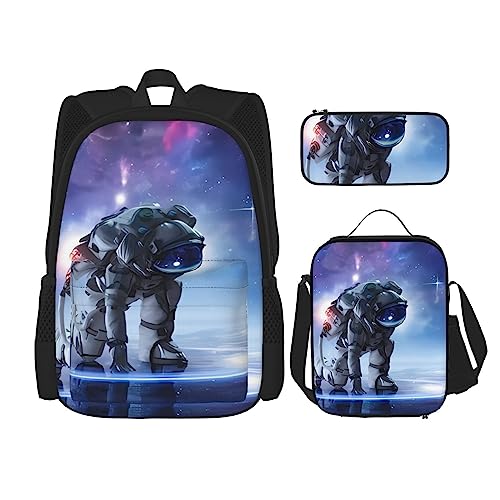 PartyUnix Galaxy Astronaut Rucksack 3-teilig Schulranzen mit Brotdose und Federmäppchen Set =>> Geeignet für Jungen und Mädchen, Schwarz , Einheitsgröße, Kinderrucksack von PartyUnix