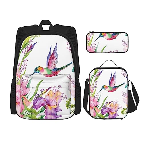 PartyUnix Garten mit Vögeln und Blumen Rucksack 3-teilig Schulranzen mit Brotdose und Federmäppchen Set =>> geeignet für Jungen und Mädchen, Schwarz , Einheitsgröße, Kinderrucksack von PartyUnix