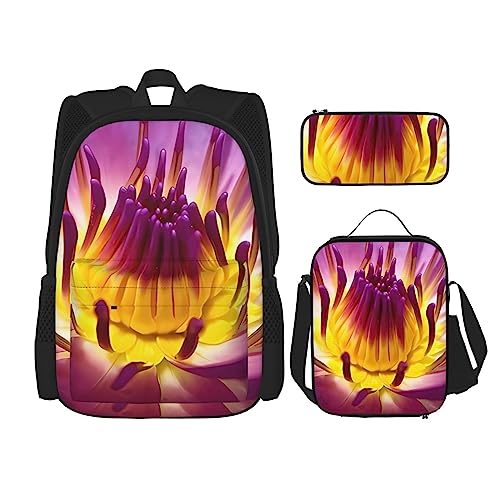 PartyUnix Gelber Lotusblüte Rucksack 3-teilig Schulranzen mit Brotdose und Federmäppchen Set =>> Geeignet für Jungen und Mädchen, Schwarz , Einheitsgröße, Kinderrucksack von PartyUnix