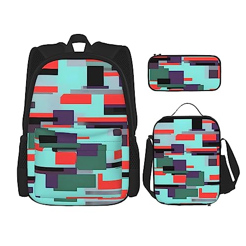 PartyUnix Gestreifter Kombi-Rucksack 3-teilig Schulranzen mit Brotdose und Federmäppchen Set =>> Geeignet für Jungen und Mädchen, Schwarz , Einheitsgröße, Kinderrucksack von PartyUnix