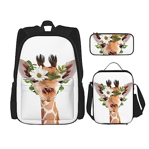 PartyUnix Giraffe Prints Rucksack 3-teilig Schulranzen mit Brotdose und Federmäppchen Set - Geeignet für Jungen und Mädchen, Schwarz , Einheitsgröße, Kinderrucksack von PartyUnix