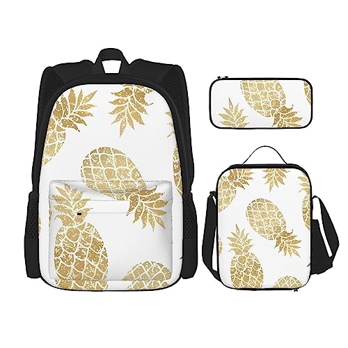 PartyUnix Golden Ananas Hintergrund Rucksack 3-teilig Schulranzen mit Brotdose und Federmäppchen Set =>> Geeignet für Jungen und Mädchen, Schwarz , Einheitsgröße, Kinderrucksack von PartyUnix