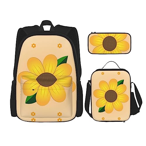 PartyUnix Golden Sunflower Rucksack 3-teilig Schulranzen mit Brotdose und Federmäppchen Set =>> Geeignet für Jungen und Mädchen, Schwarz , Einheitsgröße, Kinderrucksack von PartyUnix