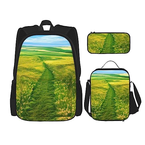 PartyUnix Grassland Paths Rucksack 3-teilig Schulranzen mit Brotdose und Federmäppchen Set =>> geeignet für Jungen und Mädchen, Schwarz , Einheitsgröße, Kinderrucksack von PartyUnix