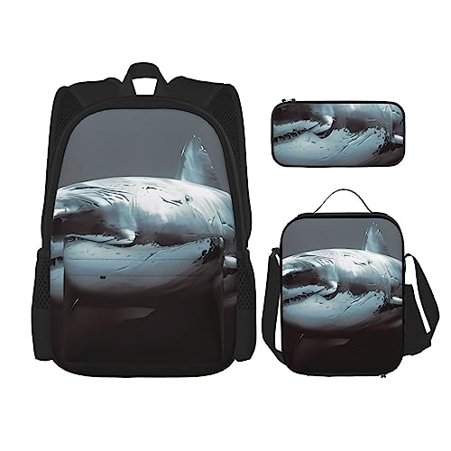 PartyUnix Großer weißer Hai Prints Rucksack 3-teilig Schulranzen mit Lunchbox und Federmäppchen Set - Geeignet für Jungen und Mädchen, Schwarz , Einheitsgröße, Kinderrucksack von PartyUnix