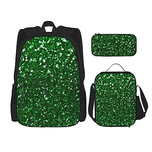 PartyUnix Grüner Pailletten-Rucksack 3-teilig Schulranzen mit Brotdose und Federmäppchen Set =>> Geeignet für Jungen und Mädchen, Schwarz , Einheitsgröße, Kinderrucksack von PartyUnix