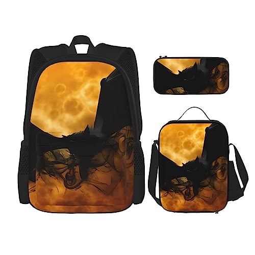 PartyUnix Halloween Fledermaus Rucksack 3-teilig Schulranzen mit Brotdose und Federmäppchen Set =>> Geeignet für Jungen und Mädchen, Schwarz , Einheitsgröße, Kinderrucksack von PartyUnix