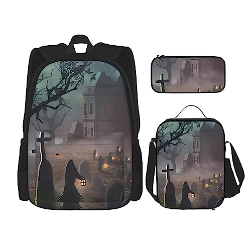 PartyUnix Halloween Horror Prints Rucksack 3-teilig Schulranzen mit Lunchbox und Federmäppchen Set - Geeignet für Jungen und Mädchen, Schwarz , Einheitsgröße, Kinderrucksack von PartyUnix