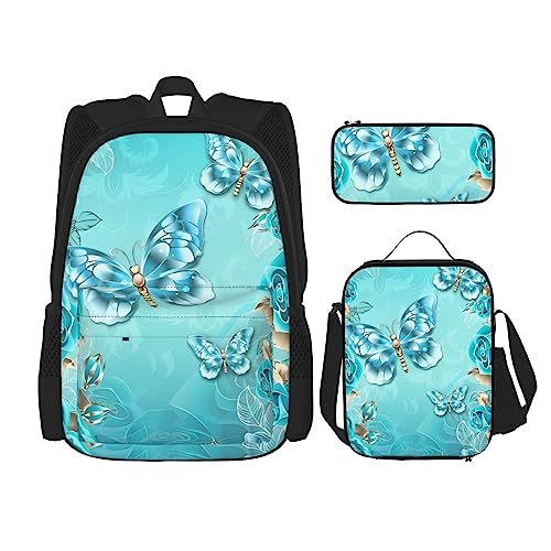 PartyUnix Hellblau Schmetterling Rucksack 3-teilig Schulranzen mit Brotdose und Federmappe Set =>> Geeignet für Jungen und Mädchen, Schwarz , Einheitsgröße, Kinderrucksack von PartyUnix