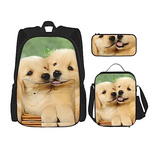 PartyUnix Hund Golden Retriever Prints Rucksack 3-teilig Schulranzen mit Lunchbox und Federmäppchen Set - Geeignet für Jungen und Mädchen, Schwarz , Einheitsgröße, Kinderrucksack von PartyUnix