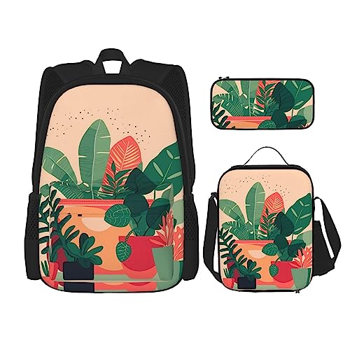 PartyUnix Indoor Kleine Grünpflanzen Rucksack 3-Teilig Schultasche mit Lunchbox und Federmäppchen Set =>> Geeignet für Jungen und Mädchen, Schwarz , Einheitsgröße, Kinderrucksack von PartyUnix