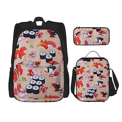 PartyUnix Köstliche Sushi Prints Rucksack 3-Teilig Schulranzen mit Lunchbox und Federmäppchen Set - Geeignet für Jungen und Mädchen, Schwarz , Einheitsgröße, Kinderrucksack von PartyUnix