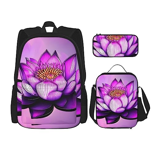 PartyUnix Lila Lotus Rucksack 3-teilig Schulranzen mit Brotdose und Federmappe Set =>> geeignet für Jungen und Mädchen, Schwarz , Einheitsgröße, Kinderrucksack von PartyUnix