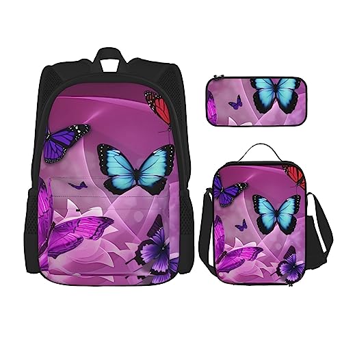 PartyUnix Lila Schmetterlinge Rucksack 3-teilig Schulranzen mit Brotdose und Federmäppchen Set =>> Geeignet für Jungen und Mädchen, Schwarz , Einheitsgröße, Kinderrucksack von PartyUnix