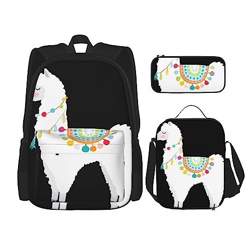 PartyUnix Llama Prints Rucksack 3-teilig Schulranzen mit Brotdose und Federmäppchen Set - Geeignet für Jungen und Mädchen, Schwarz , Einheitsgröße, Kinderrucksack von PartyUnix