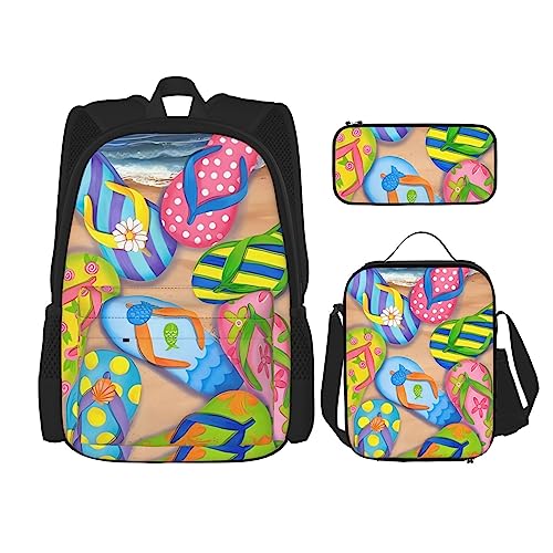 PartyUnix Lustige Flip-Flops Hausschuhe Kunstdrucke Rucksack 3-teilig Schulranzen mit Lunchbox und Federmäppchen Set - Geeignet für Jungen und Mädchen, Schwarz , Einheitsgröße, Kinderrucksack von PartyUnix