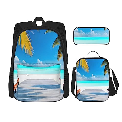 PartyUnix Malediven Urlaub Rucksack 3-teilig Schulranzen mit Brotdose und Federmäppchen Set =>> Geeignet für Jungen und Mädchen, Schwarz , Einheitsgröße, Kinderrucksack von PartyUnix