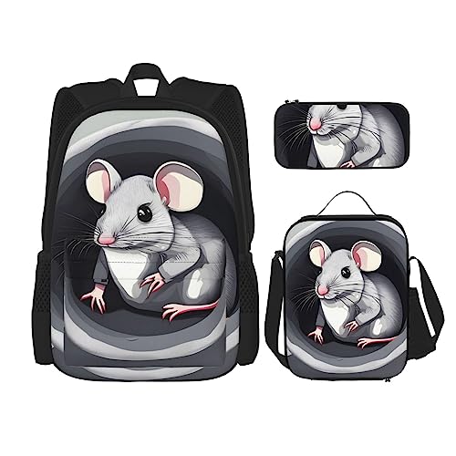 PartyUnix Mouse in the Hole Rucksack 3-teilig Schulranzen mit Brotdose und Federmäppchen Set =>> geeignet für Jungen und Mädchen, Schwarz , Einheitsgröße, Kinderrucksack von PartyUnix