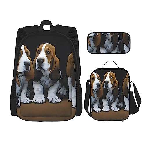 PartyUnix Niedliche Hunde Prints Rucksack 3-teilig Schultasche mit Lunchbox und Federmäppchen Set - Geeignet für Jungen und Mädchen, Schwarz , Einheitsgröße, Kinderrucksack von PartyUnix