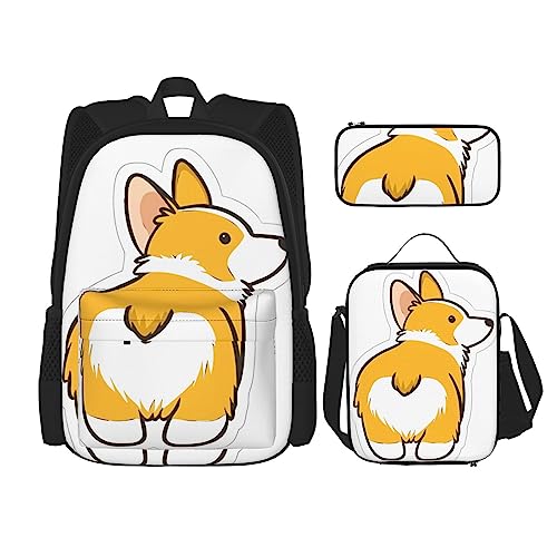 PartyUnix Niedlicher Corgi Butt Prints Rucksack 3-teiliges Schulranzen mit Lunchbox und Federmäppchen Set - Geeignet für Jungen und Mädchen, Schwarz , Einheitsgröße, Kinderrucksack von PartyUnix