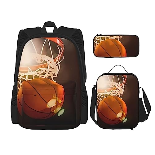 PartyUnix Night Basketball Rucksack 3-teilig Schulranzen mit Brotdose und Federmäppchen Set =>> Geeignet für Jungen und Mädchen, Schwarz , Einheitsgröße, Kinderrucksack von PartyUnix